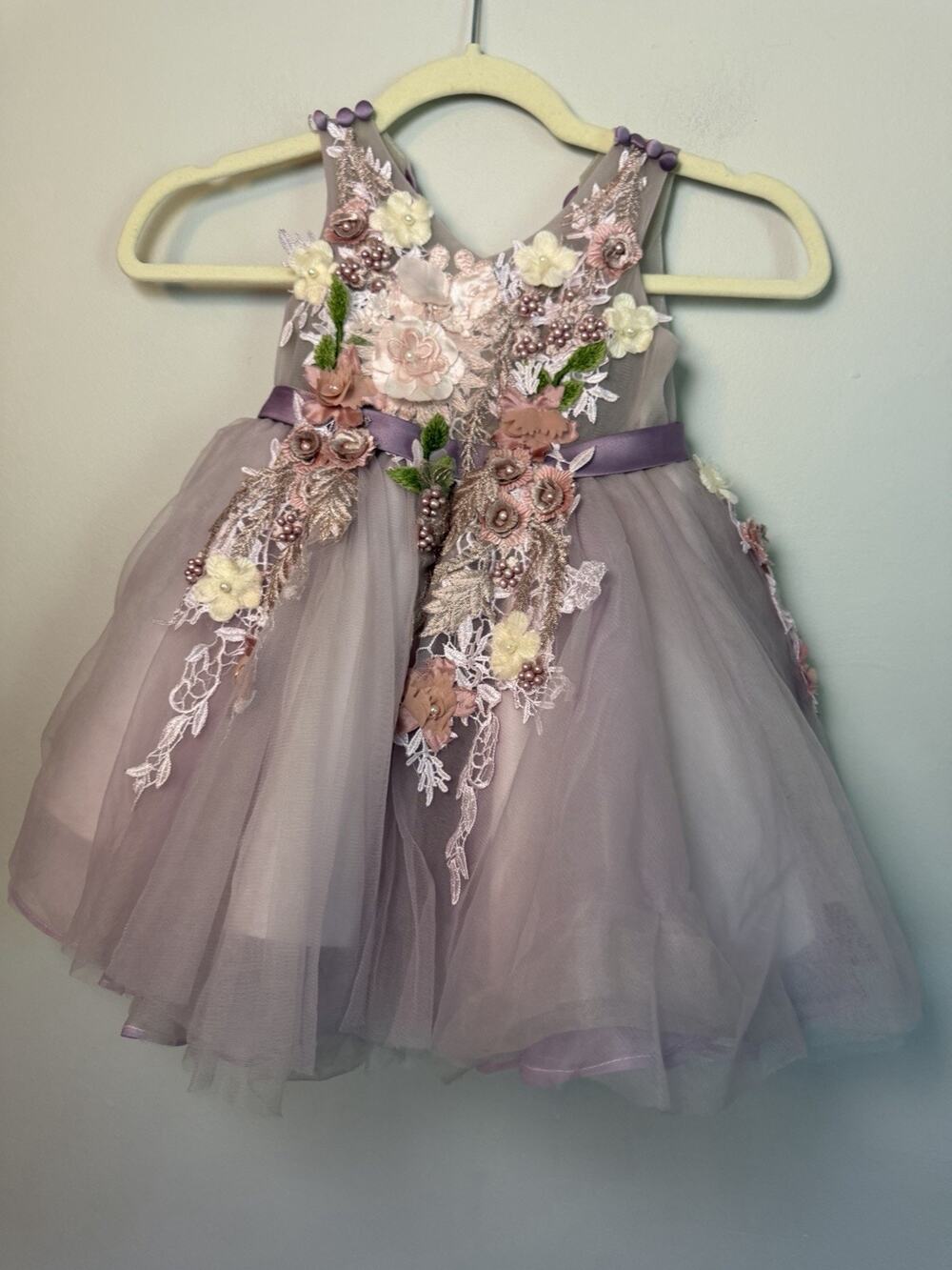 Little Girls Lilac Embellished Tulle Headed Floral Appliqué Occasion Dress 2/3